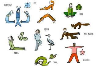 A variety of yoga poses relating to how animals move - butterfly, fox, adder, heron, snail, starfish, pine marten and frog