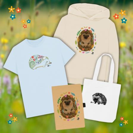 The hedgehog walk shop collection featuring a hoodie, a t-shirt, a tote bag and a note book