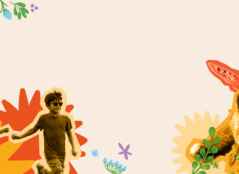 Photos of people and wildlife superimposed on to an illustrated background. Two children running outside. A fox is also pictured looking towards the camera.