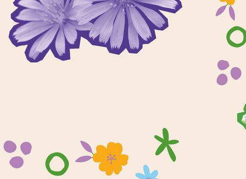 Illustrations of flowers alongside a superimposed photo of two children reading outside and a beetle on a stick